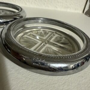 VINTAGE (2) CAVALIER BY NATIONAL SILVER CRYSTAL ASHTRAY COASTER WITH SILVER‎ RIM